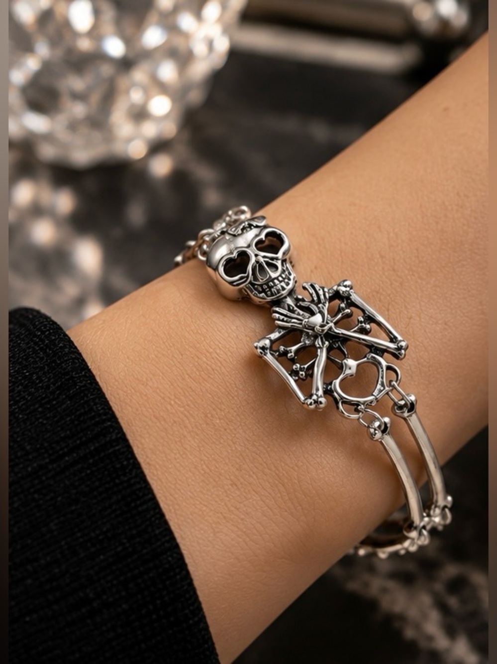 Halloween Skeleton Skull Bracelet Silver Tone Gothic Statement Jewelry